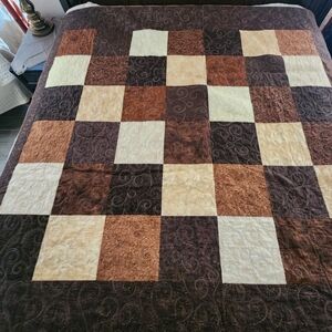 Handmade quilted blanket brown tan 100%cotton full size reversible patchwork new